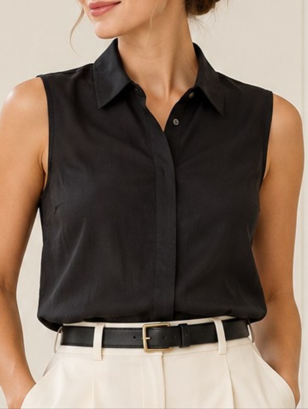 Black Sleeveless Collared Blouse S Hidden Button Front High Low Classic Clean Gi